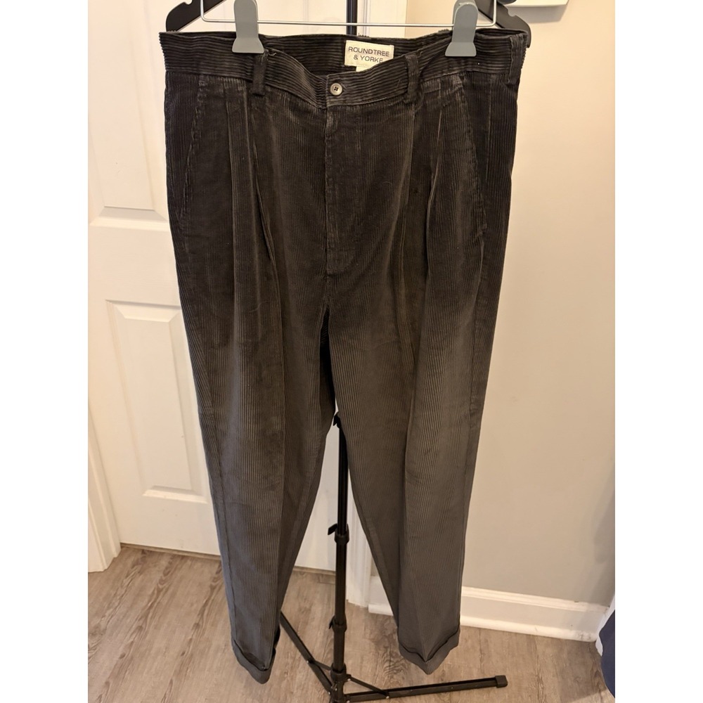 Vintage 90s Roundtree & Yorke Pleated Cords Pants Grey Dark Academic 34 x 30 EUC